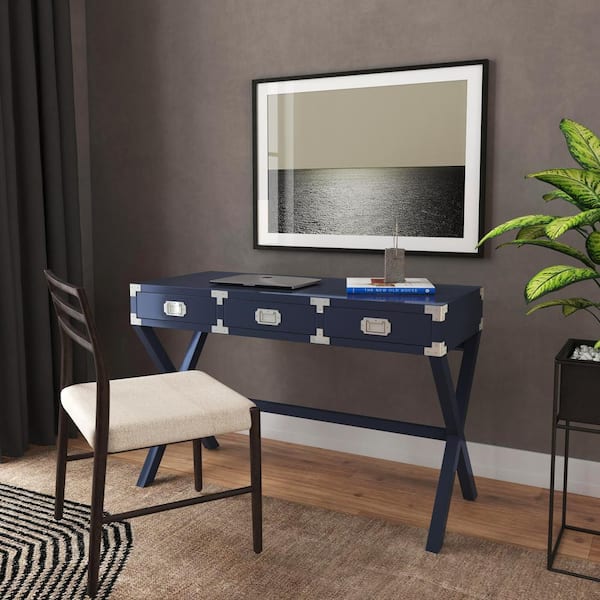Butler Specialty Company Anew 46 in. W Rectangular Blue Wood 3-Drawer Campaign Writing Desk