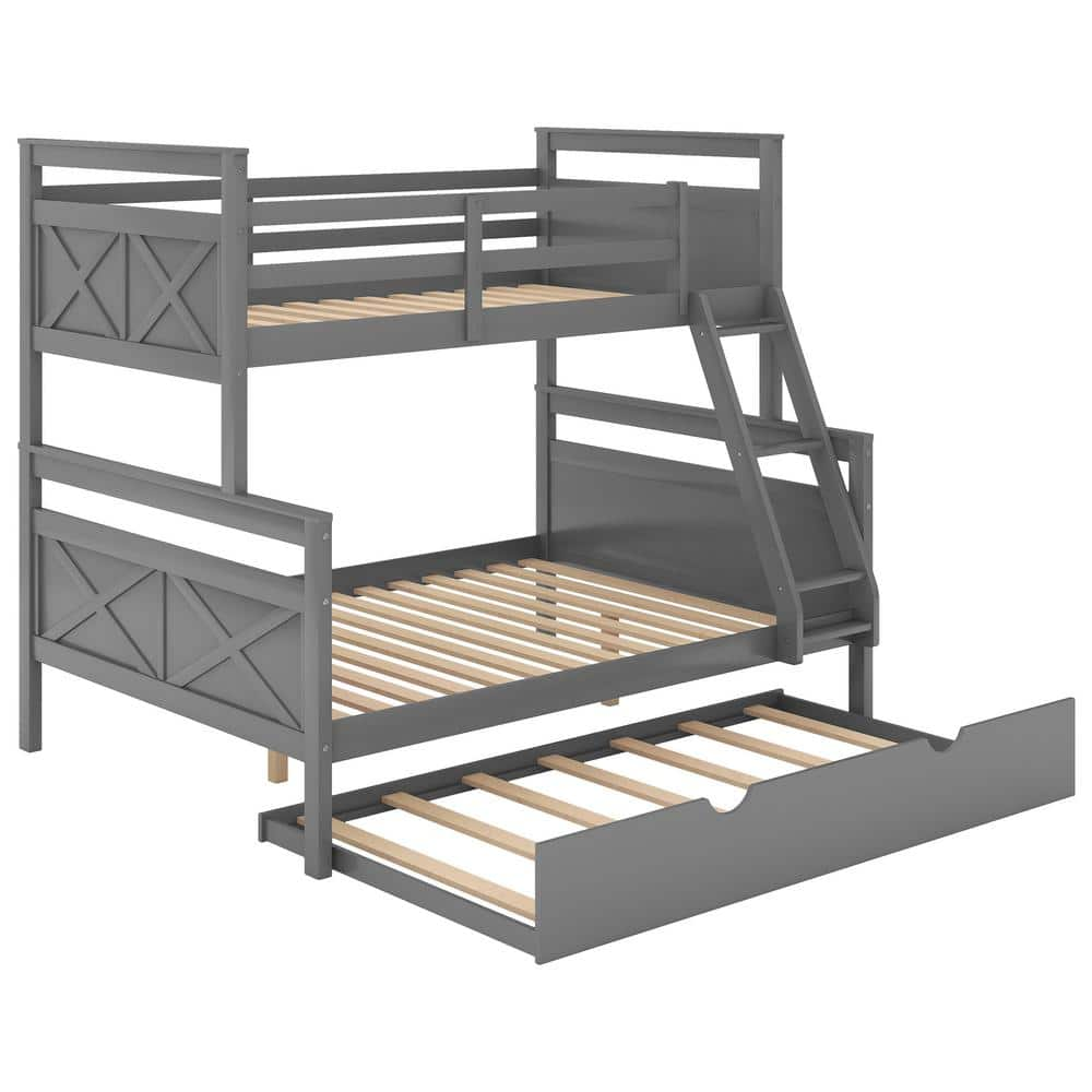 URTR Gray Twin Over Full Bunk Bed with Twin Size Trundle, Wood Bunk Bed ...