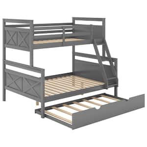 Gray Twin Over Full Bunk Bed with Twin Size Trundle, Wood Bunk Bed Frame with Ladder, Safety Guardrail for Teens, Kids