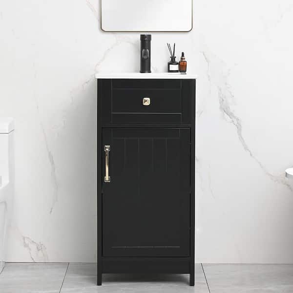 16 in. W Single Integral Sink Freestanding Bath Vanity in Black with White Ceramic Top