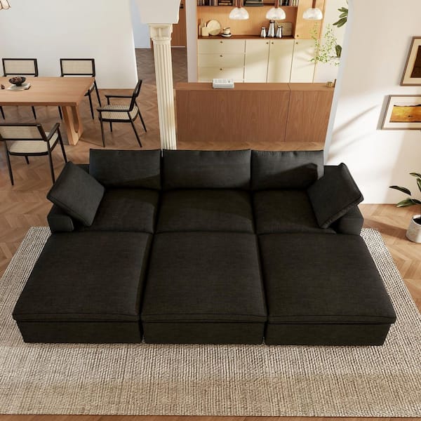 Magic Home 118 in. Square Arm 6-Piece Linen L-Shaped Sectional Sofa Corner Cloud Couch in Black