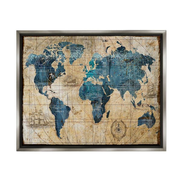The Stupell Home Decor Collection Vintage Abstract World Map Design by Art Licensing Studio Floater Frame Typography Wall Art Print 21 in. x 17 in.