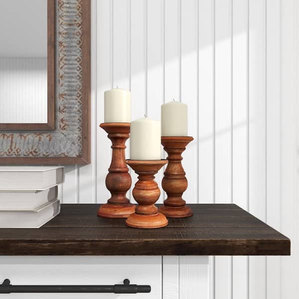 Litton Lane Brown Mango Wood Turned Style Pillar Candle Holder (Set of 3)  51536 - The Home Depot