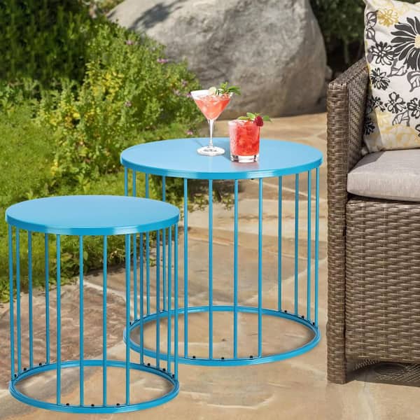 MOEPISY Outdoor Side Table Set of 2, Metal Circle Accent End Tables Durable Blue Nesting Coffee Tables