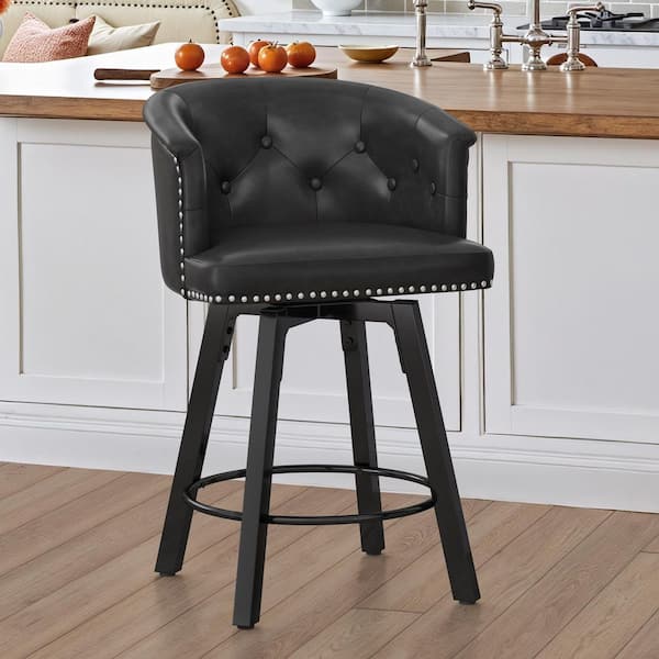 26 in. QUIN Black Faux Leather High-Back Upholstered Counter Height Swivel Bar stool Bar Chair with Metal Base Set of 1