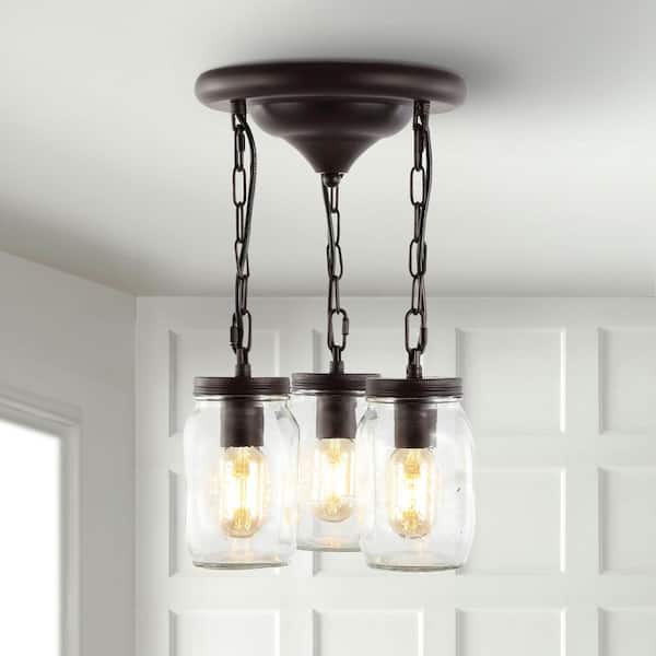 JONATHAN Y Gaines 11 in. 3-Light Farmhouse Industrial Iron Mason Jar LED Semi Flush Mount, Oil Rubbed Bronze