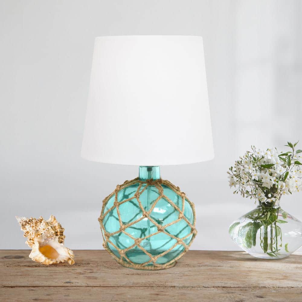 Aqua Glass Table Lamp with White Fabric Shade and Rope Netting
