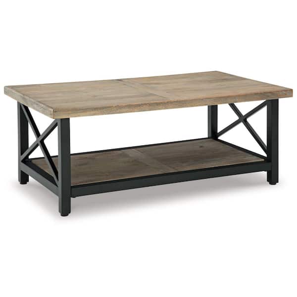 Bristenfort 46 in. Brown/Black Rectangle Wood Coffee Table with Shelves