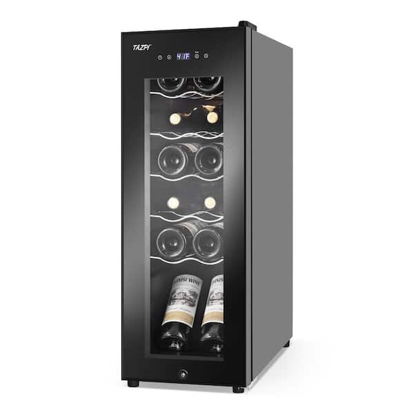 TAZPI 10.7 in. Wine Cooler 12 Bottle Freestanding Wine Refrigerator with Door Lock, Black