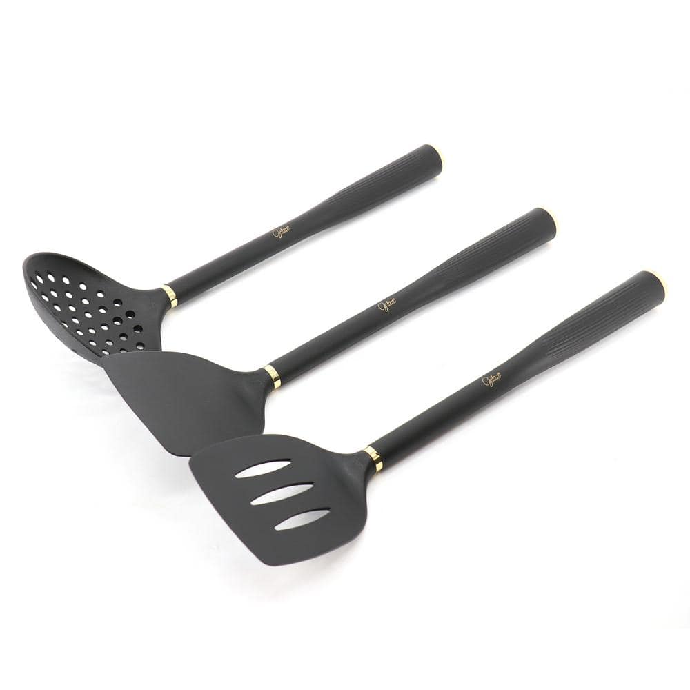Black and Gold 10-Piece Nylon Kitchen Utensil Set with Crock
