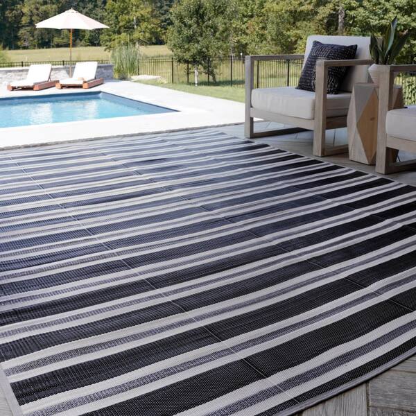Luna Black 8 ft. x 10 ft. Stripes Indoor/Outdoor Area Rug