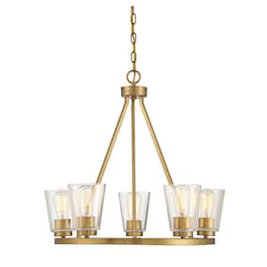 Calhoun 25 in. W x 23 in. H 5-Light Warm Brass Chandelier with Clear Glass Shades