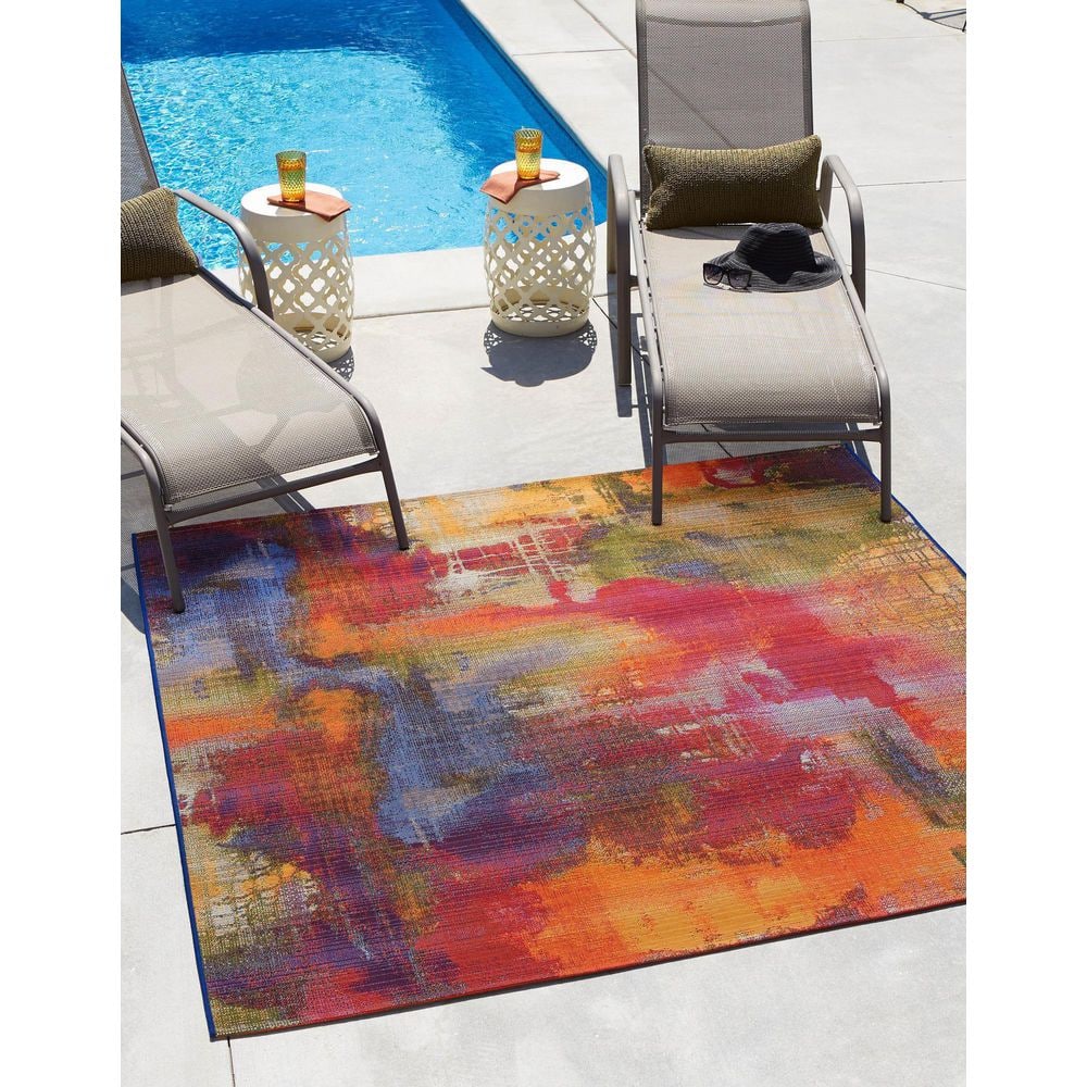 Vibrant Abstract Multi-Color 6' Square Outdoor Synthetic Rug