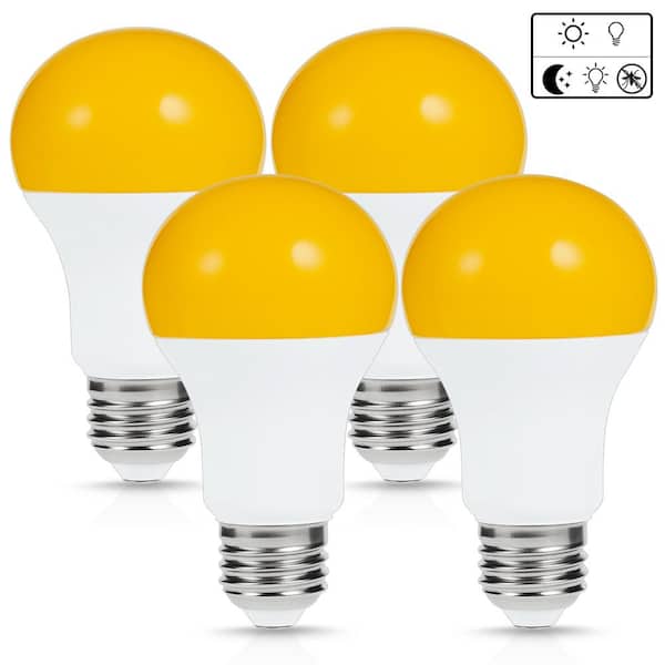 YANSUN 40-Watt Equivalent A19 Dusk to Dawn Light Bulbs Outdoor,E26 Base Bug Lights for Outside in Yellow-Colored 2000K (4-Pack)