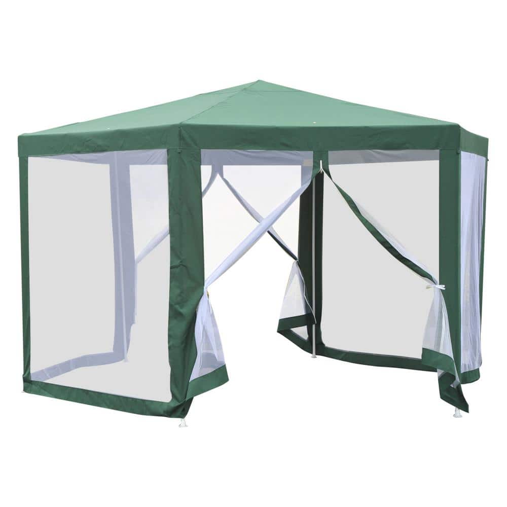 Green Hexagon Steel Frame Outdoor Gazebo with Mesh Screen