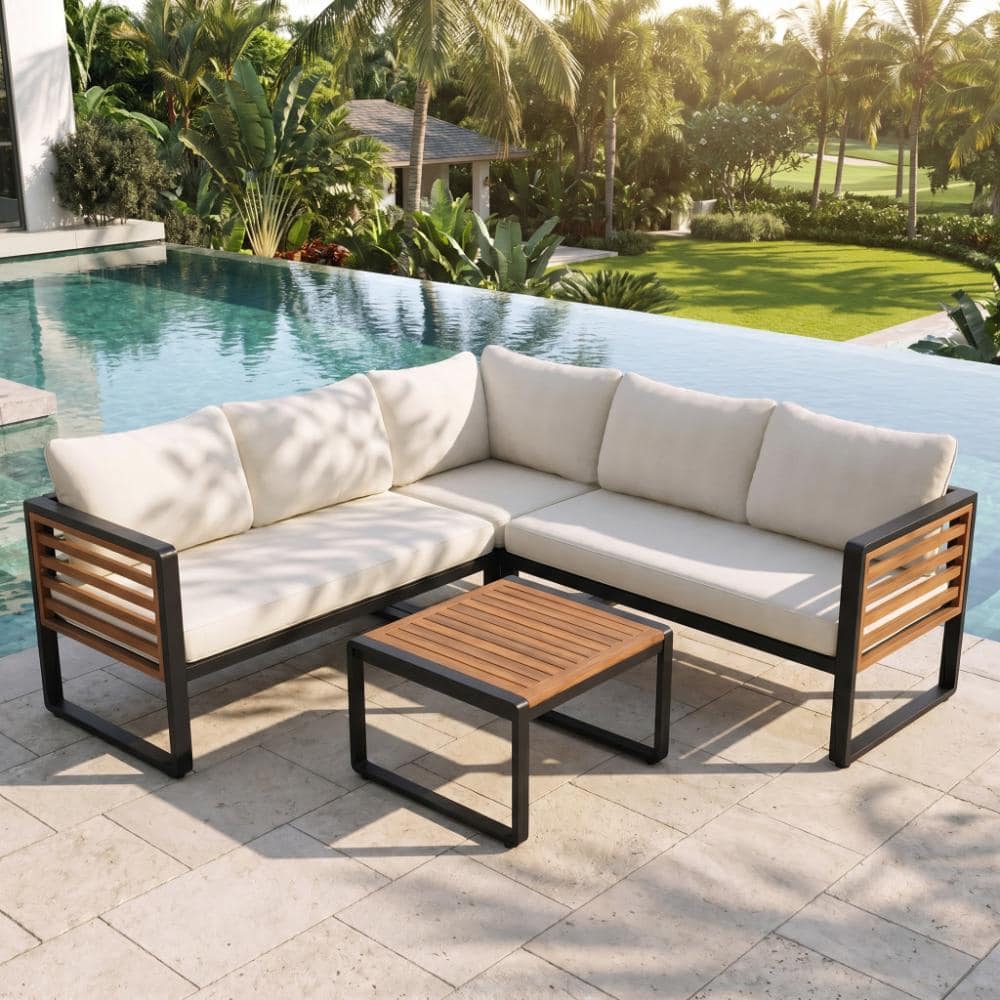 4-Piece Black Metal and Brown Wood Outdoor Patio Conservation Sectional L-shaped Sofa Set with Beige Thick Cushion price history on PriceWatchPro