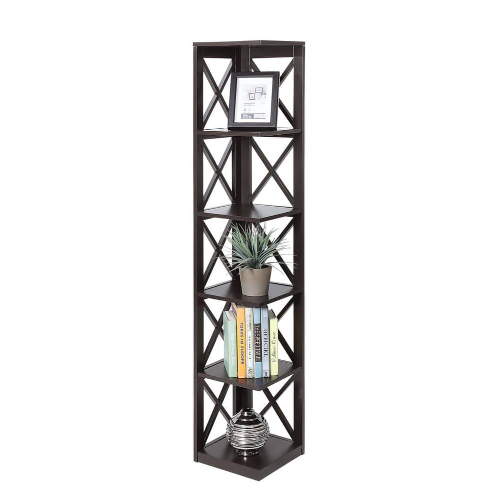 Espresso 5-Tier Corner Bookcase with Crossed X Design