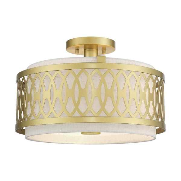 Livex Lighting Vistaview 3-Light Soft Gold Semi Flush Mount with Oatmeal Fabric Shade