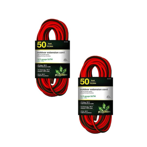 Go Green Power 50 ft. 14/3 SJTW Outdoor Extension Cord - Orange with Green Lighted End (2-Pack)