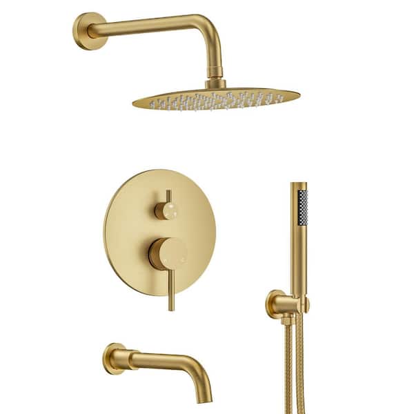 Double Handles 3-Spray 2.5 GPM Wall Mount 10 in. Shower Head Tub and Shower Faucet in Brushed Gold (Valve Included)