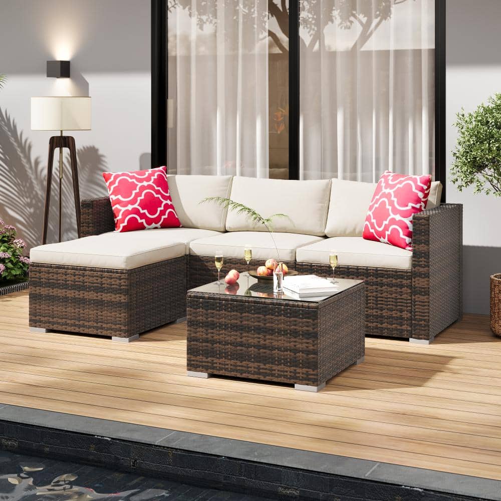 Five-Piece L-Shape Rattan Garden Set with Cushions, Brown Four-Strand Rattan and Off-White Cushions price history on PriceWatchPro