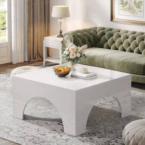 Calvin 35.43 in. in. W White End Square Coffee Table High Gloss Center Wood Table Sturdy Arched Structure