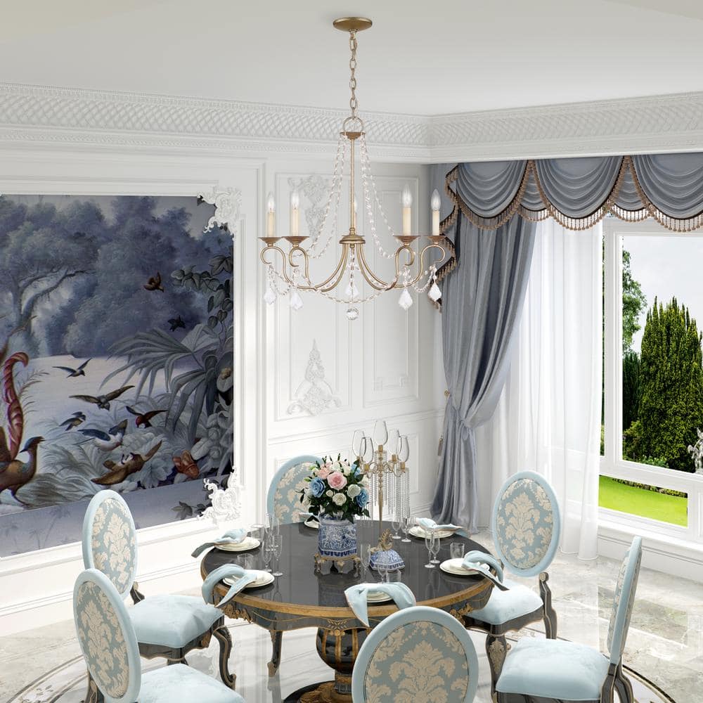 Antique Silver Leaf 5-Light Crystal Chandelier with Hand Painted Finish