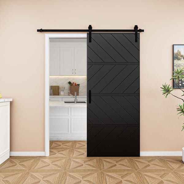 36 in. x 84 in. Paneled 4-Segments Wave Design Black MDF Sliding Barn Door Slab with Installation Hardware Kit