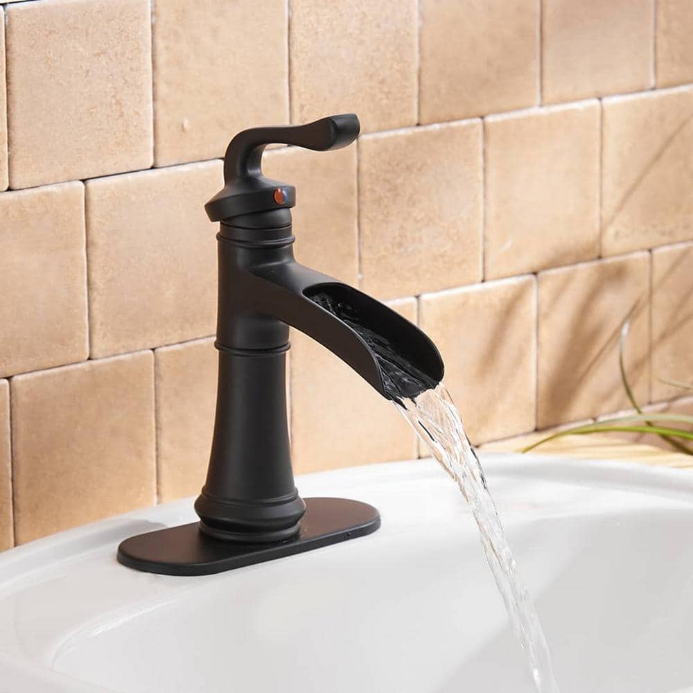 Matte Black Single Handle Waterfall Bathroom Faucet with Drain Assembly