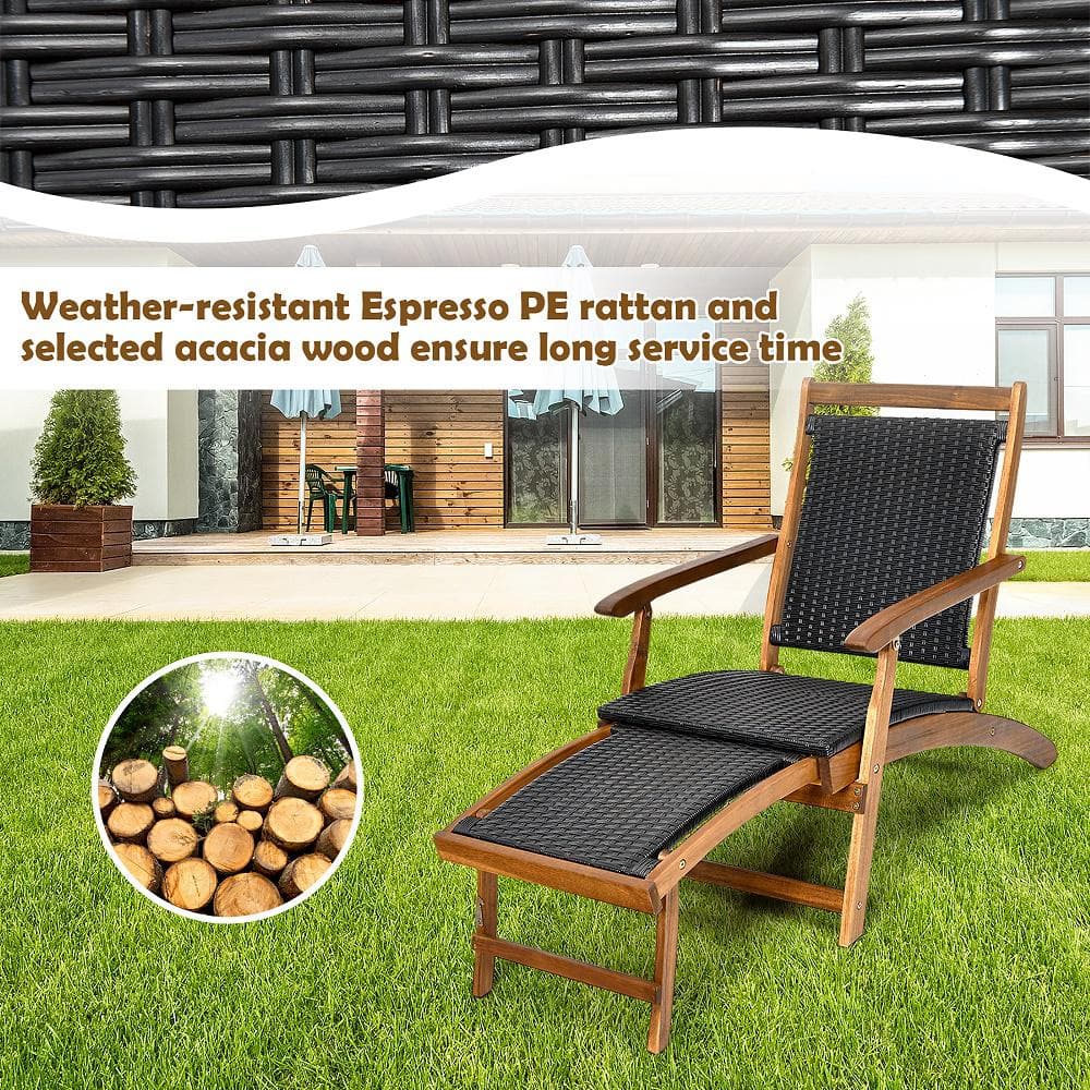 Brown Acacia Wood and Black Rattan Folding Chaise Lounge Chair