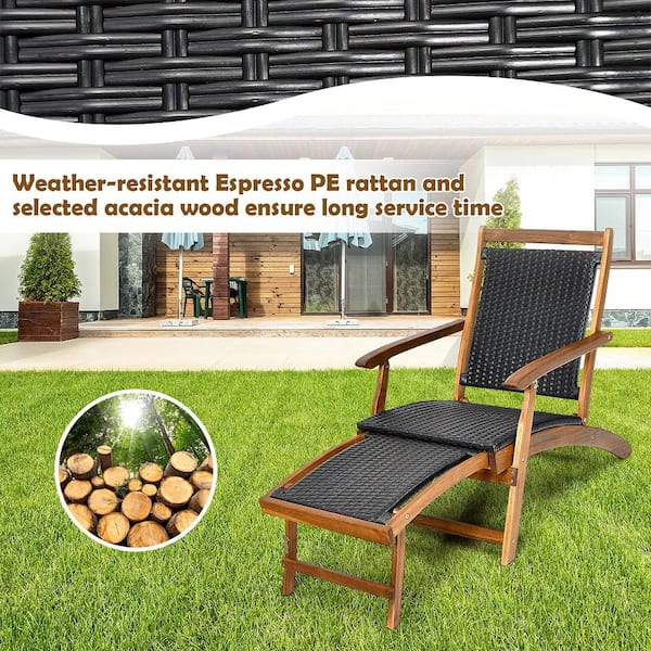 Patio Folding Rattan Lounge Chair Wooden Frame with Retractable Footrest