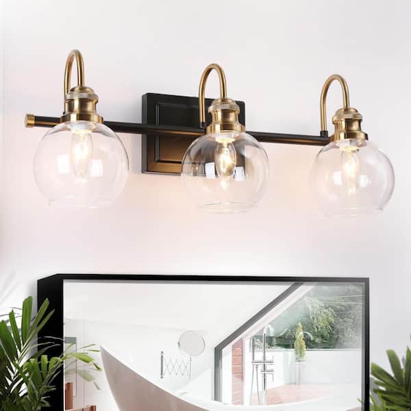 Modern 22 in. 3-Light Black Bathroom Vanity Light, Powder Room Rustic Vanity Light, Clear Glass Brass Gold Wall Light