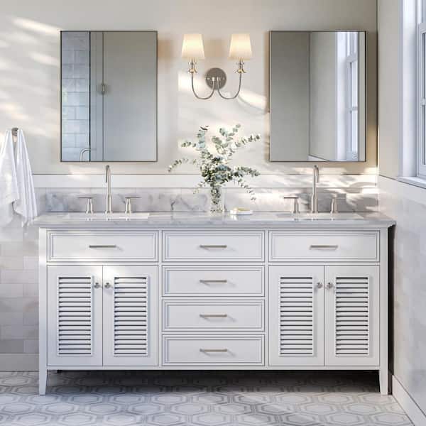 ARIEL Kensington 73 in. W x 22 in. D x 35.25 in. H Freestanding Bath Vanity in White with White Marble Top