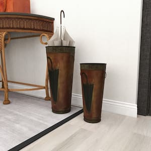 Brown Metal Umbrella Stand with Umbrella Image and Handles (Set of 2)
