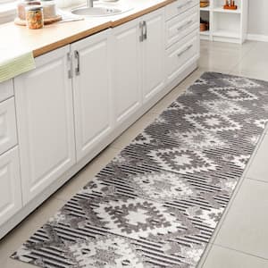 Sumak High-Low Pile Neutral Diamond Kilim Gray/White/Black 2 ft. x 8 ft. Indoor/Outdoor Runner Rug