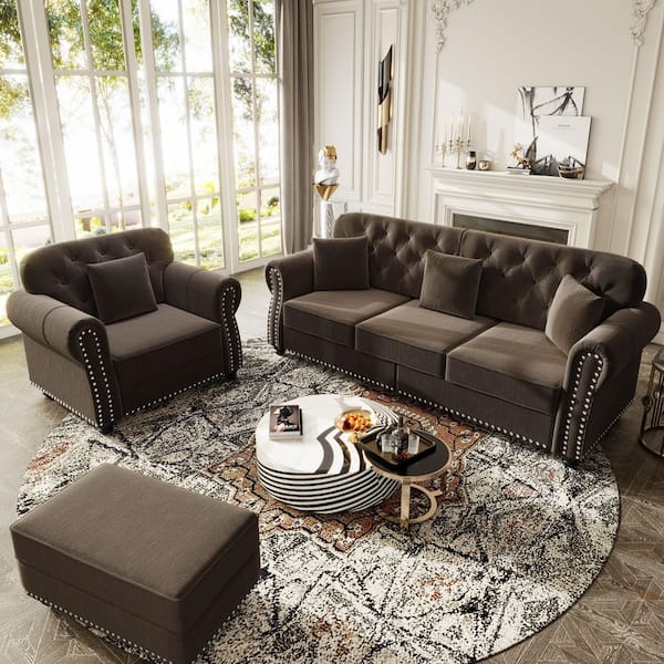 Polibi 82.6 in. Rolled Arm Velvet Sofa in Burgundy with Nailhead