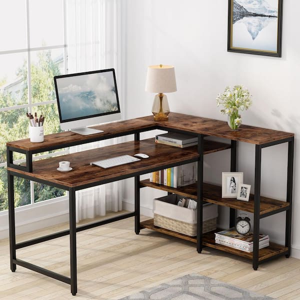 BYBLIGHT 55 in. L-shaped Brown Reversible Computer Desk with