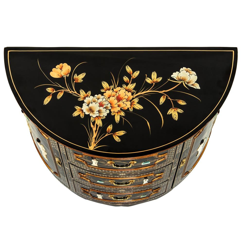 Black Lacquer Half-Moon Cabinet with Mother-of-Pearl Design