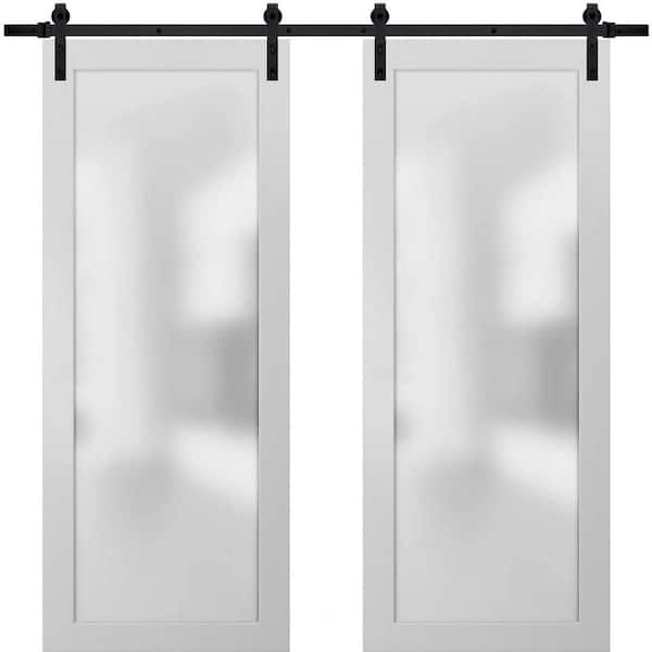 Sartodoors 2102 48 in. x 80 in. 1-Panel 1 Lite Frosted Glass White Finished Solid Pine Wood Sliding Barn Door with Hardware Kit