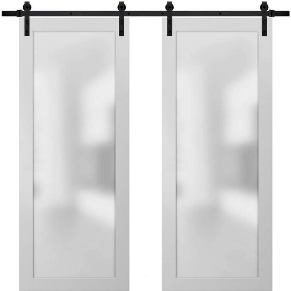 Sartodoors 2102 48 in. x 84 in. 1-Panel 1 Lite Frosted Glass White Finished Solid Pine Wood Sliding Barn Door with Hardware Kit