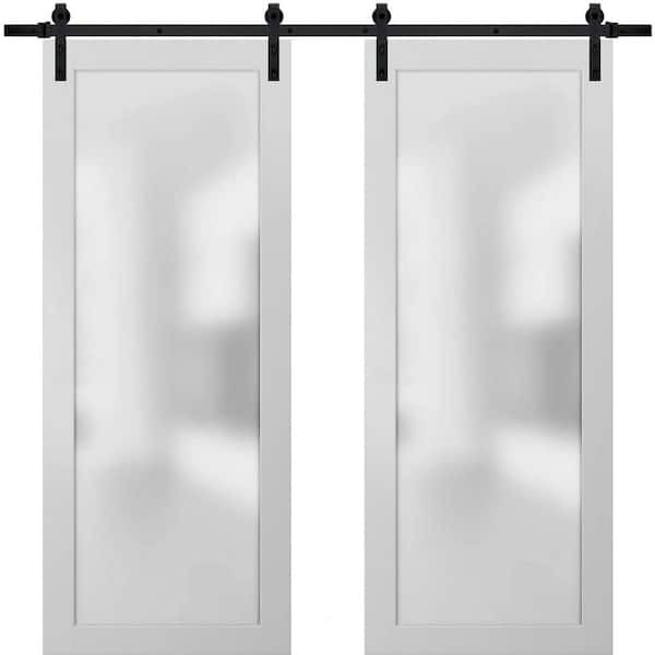 Sartodoors 2102 60 in. x 96 in. 1-Panel 1 Lite Frosted Glass White Finished Solid Pine Wood Sliding Barn Door with Hardware Kit