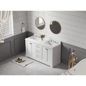 60.6 in. W x 22.4 in. D x 40.7 in. H Freestanding Bathroom Vanity in White with Two White Engineered Stone Top