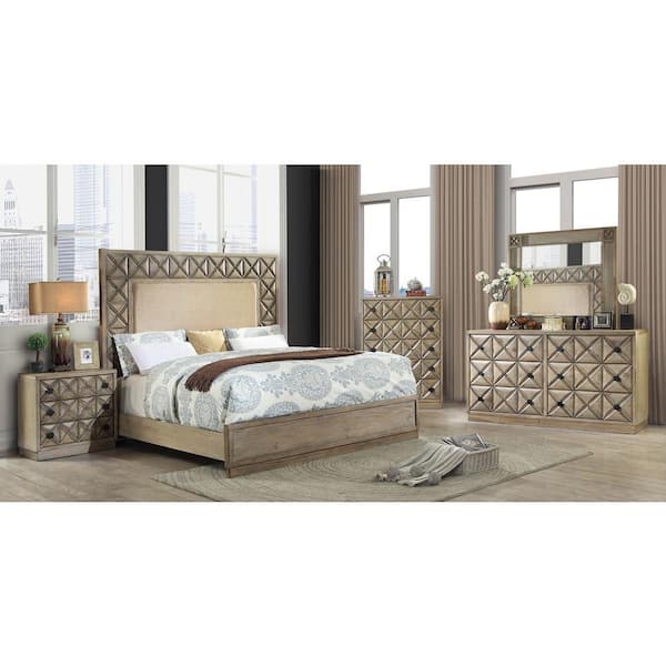 Markos Queen Bed with Fabric in Weathered light oak finish
