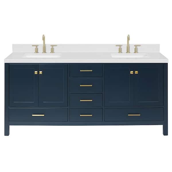Cambridge 72 in. Double Sink Freestanding Bathroom Vanity in Midnight Blue with Carrara White Quartz Top