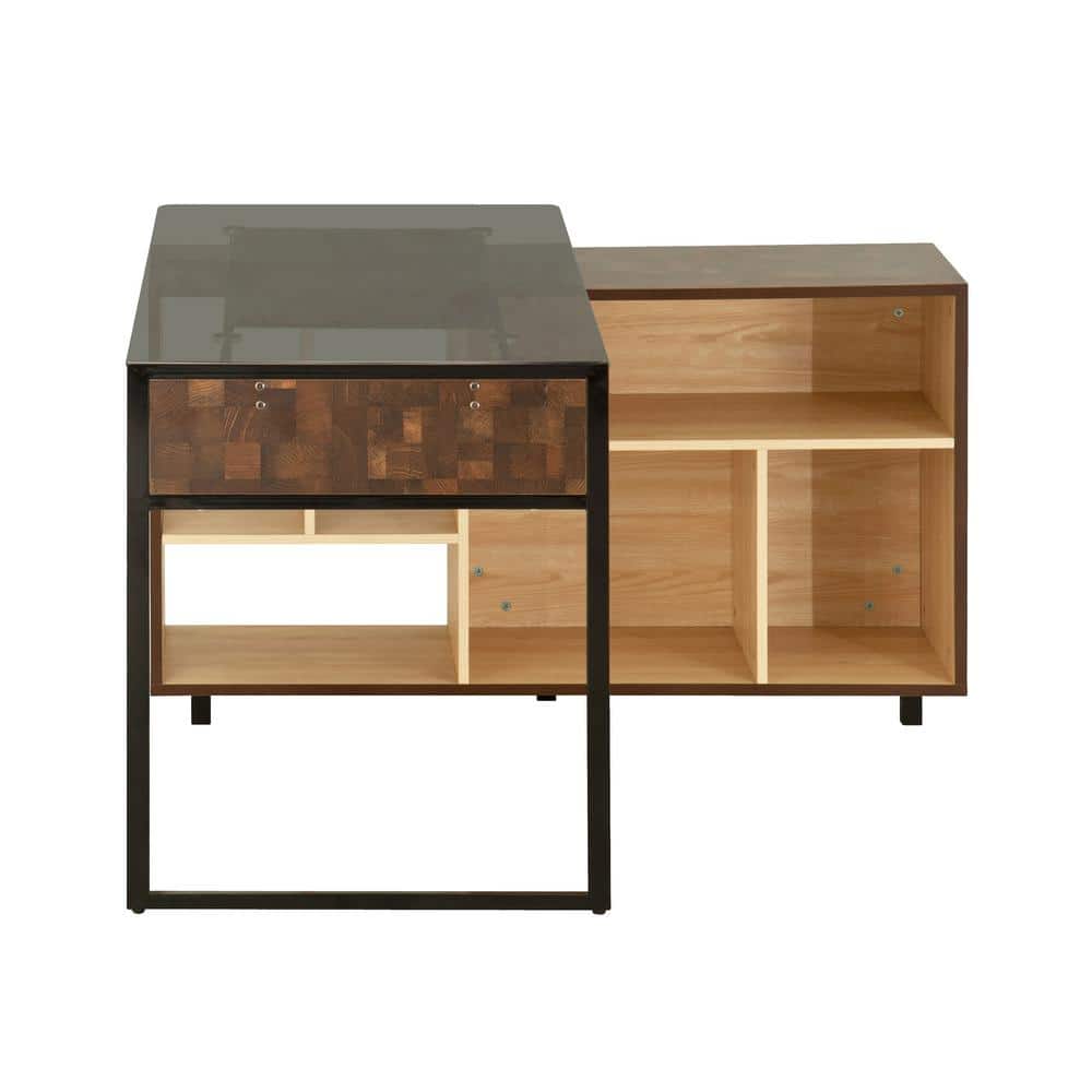 Elegant Rustic Oak L-Shaped Desk with Glass Top & Storage