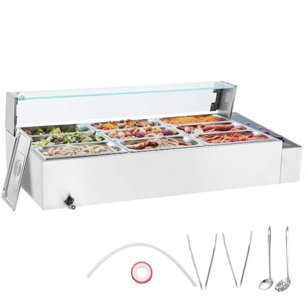 9-Pan Commercial Food Warmer, 9 x 5 Qt. Electric Steam Table with Glass Cover, 1500W Countertop Stainless Steel Buffet