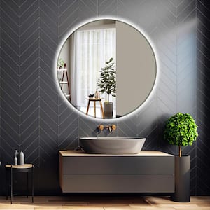RS 32 in. W x 32 in. H Round Beveled Edge 3 Colors Dimmable LED Anti-Fog Memory Wall Mount Bathroom Vanity Mirror