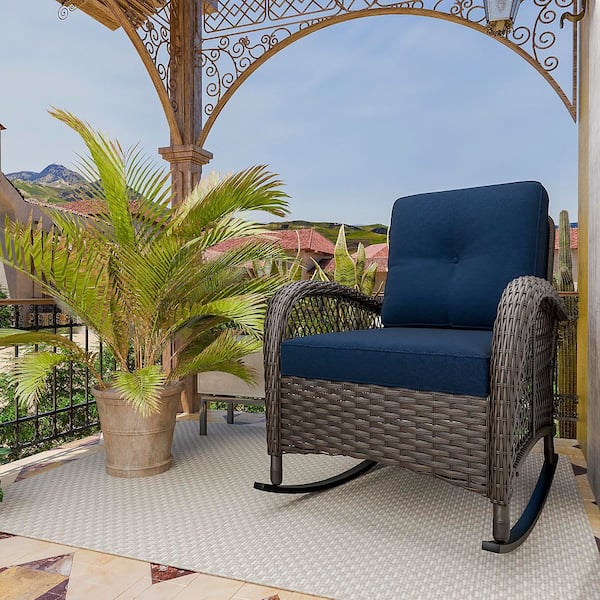 INMITOM Wicker Outdoor Rocking Chair Lounge Chair Patio with Blue Cushion