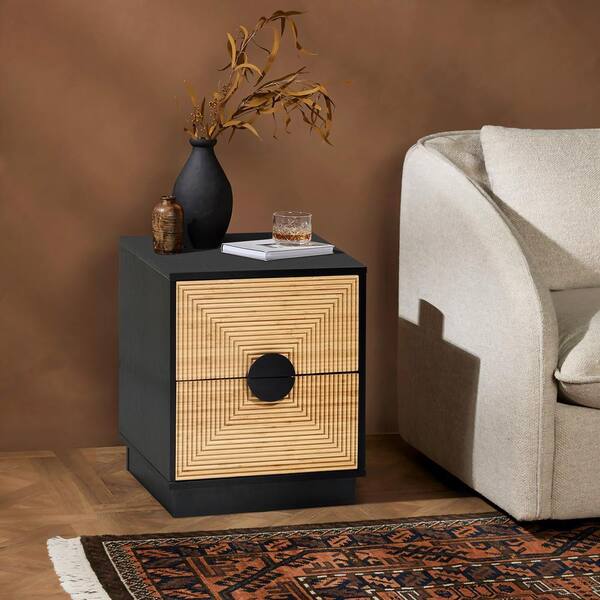LuxenHome 17.7 in. Multi-Colored Boho 2-Drawer Black Side