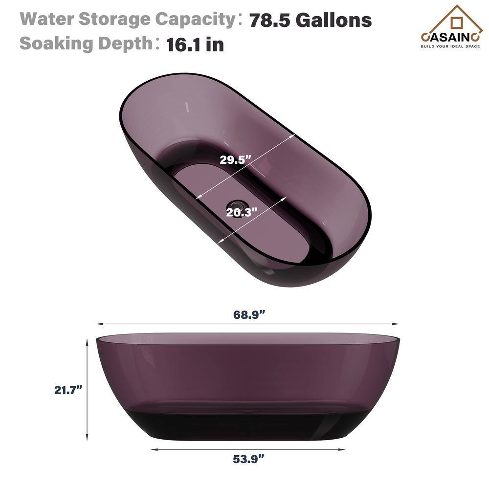 69'' Purple Transparent Resin Freestanding Soaking Bathtub